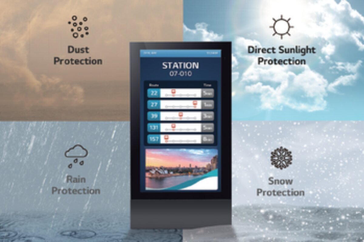All-weather outdoor display protected against dust, rain, snow and direct sunlight