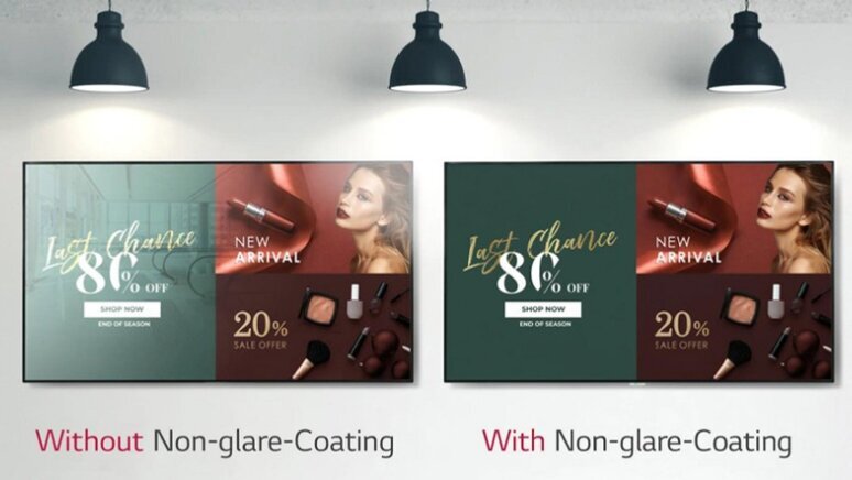 Two screens under ceiling lights comparing glare without and with non-glare coating