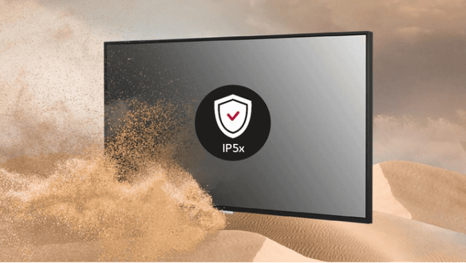 Commercial display with an IP5x dust-proof shield icon holding up against blowing sand