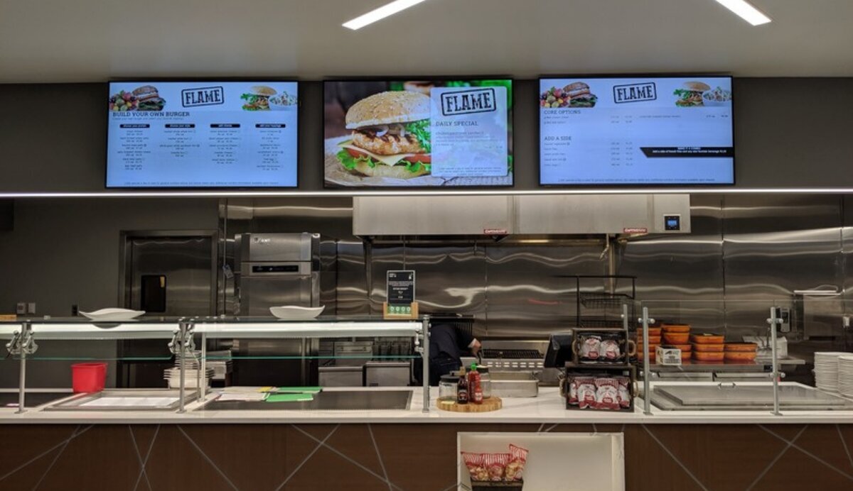Three indoor digital menu board screens showing a burger menu above a cafeteria serving counter