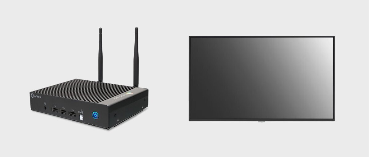 Digital signage media player with two antennas next to a commercial smart screen
