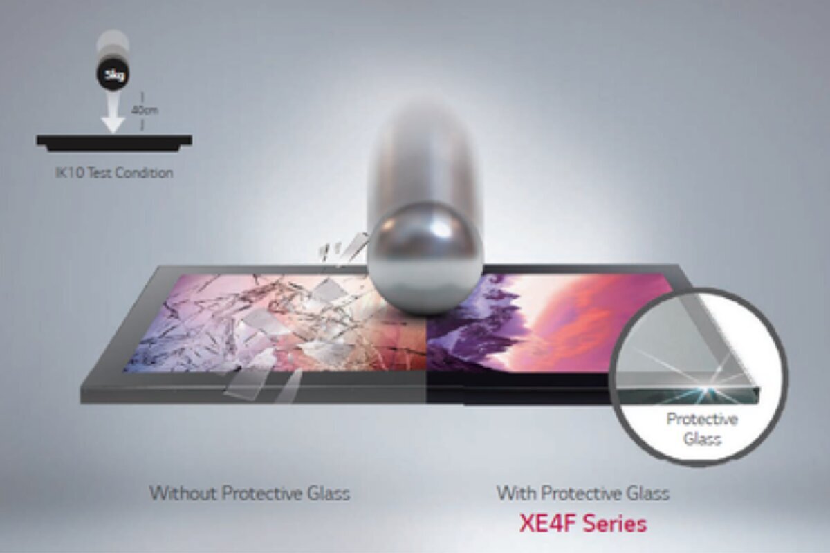 IK10 impact test showing a steel ball cracking unprotected glass but not the XE4 Series protective glass